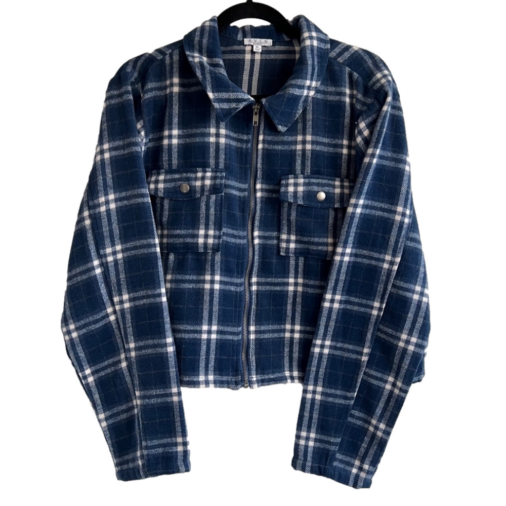 Women's Avln Studio Blue & White Plaid Jacket XL